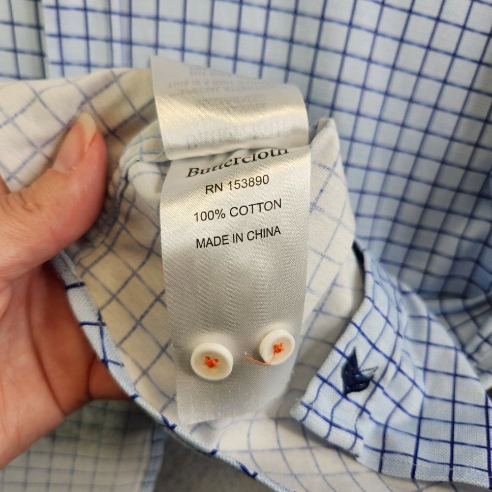 Butter Cloth Shirt Mens Large Blue Grid Check Flip Cuff Regular Fit Lightweight - Picture 11 of 16